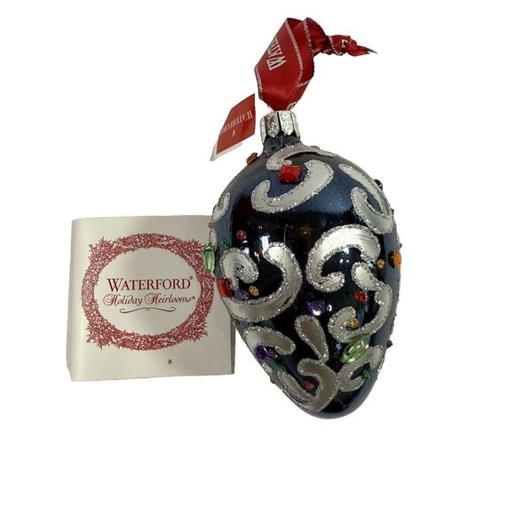 Waterford Sapphire Scroll Egg Jeweled Blown Glass Ornament Rare 1997 Handmade - Picture 5 of 13